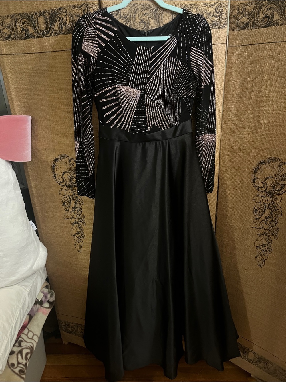 Betsy Adam Black Long-Sleeve Evening Gown with Rose Gold Metallic Accents